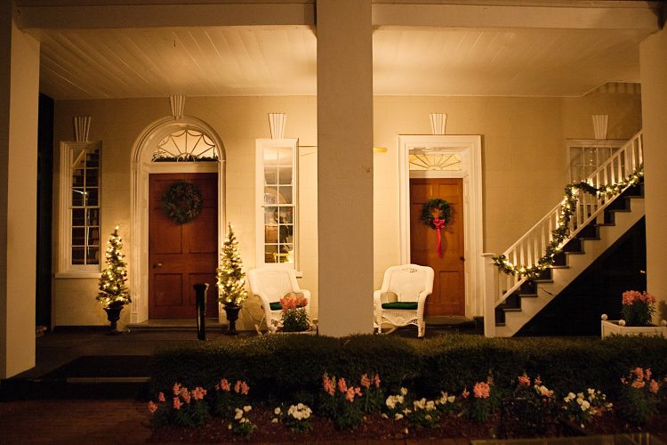 Nighttime view of back of Main House from Courtyard